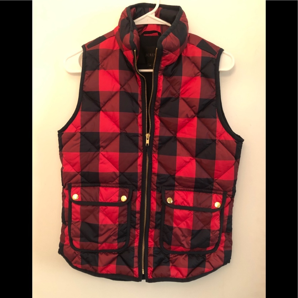 J Crew Excursion Buffalo Check Red Down Vest XS
